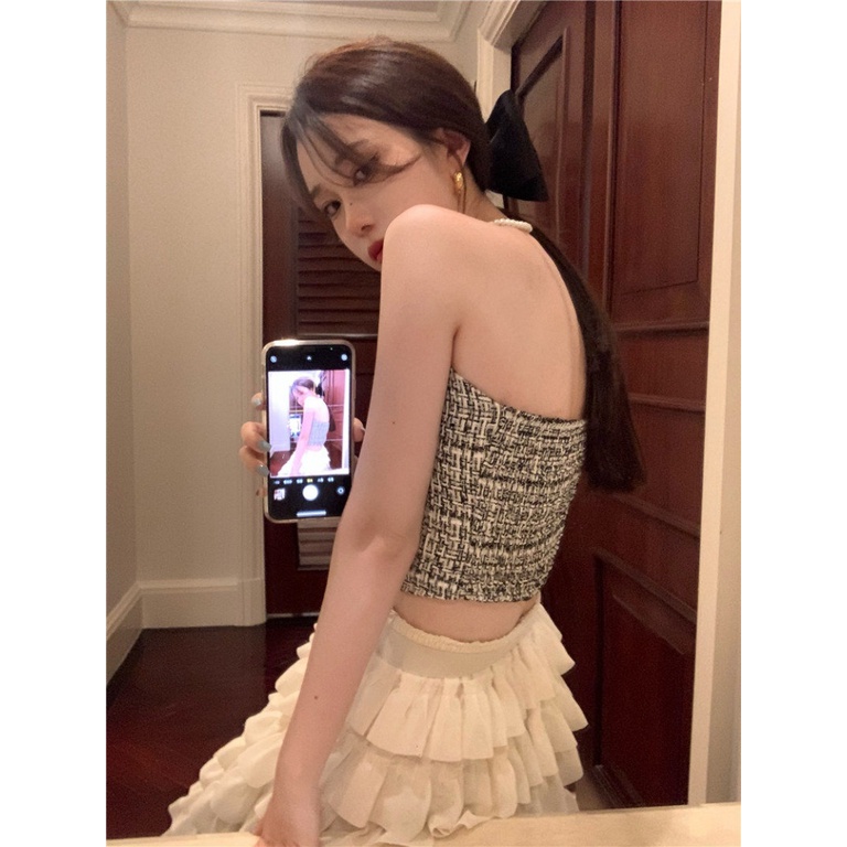 Áo Ống Vải Tweed Xếp Ly Hở Lưng Không Dây Mặc Bên Ngoài Họa Tiết Ca Rô Chống Chói Thời Trang Mùa Hè