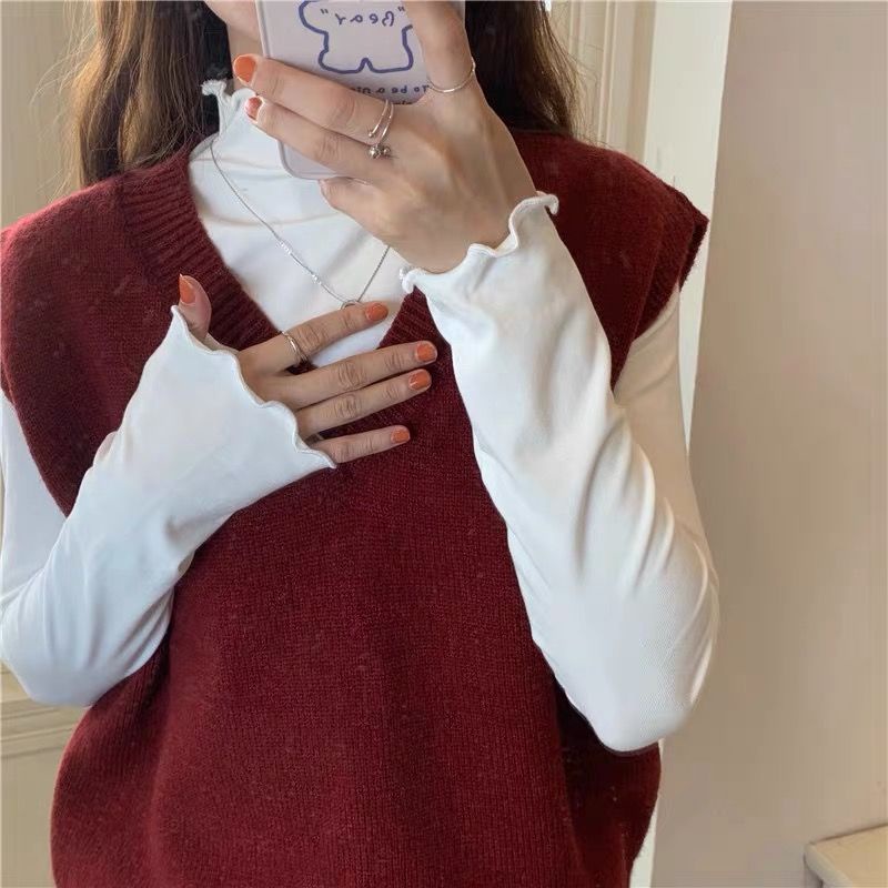 Áo Thun croptop Mỏng Tay Dài Lót Lông Cừu Cổ Cao Thời Trang Xuân Thu Phong Cách Mới Cho Nữ