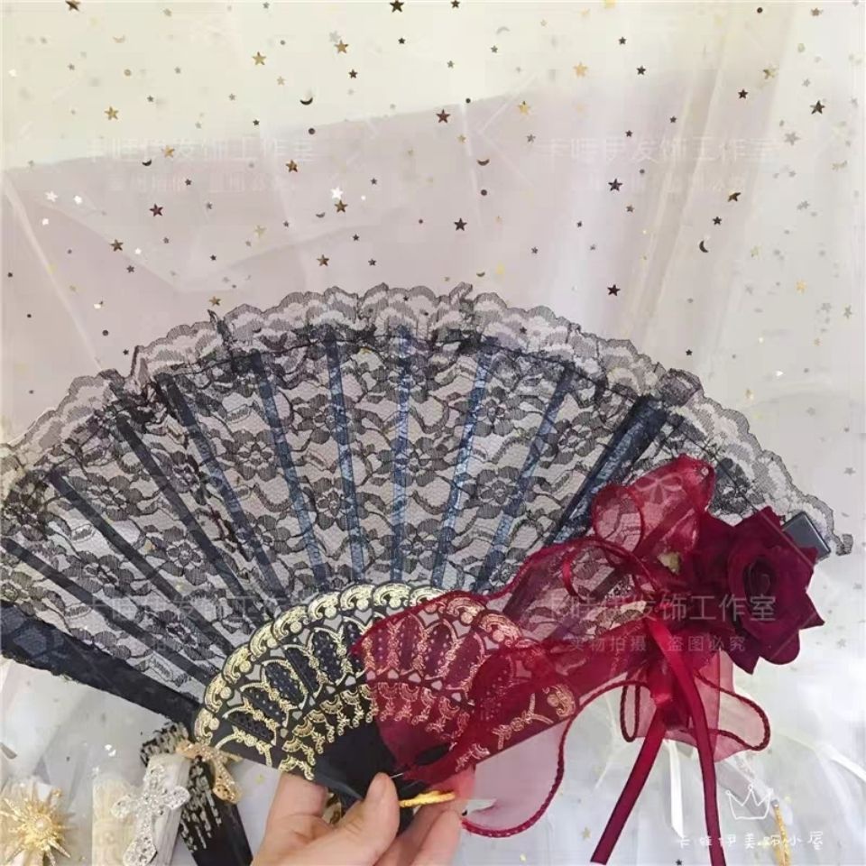 Quạt Xếp Ren Hoa Thủ Công Phong Cách Tuyệt Đẹp Làm Đạo Cụ Chụp Ảnh Tiệc Trà Chết Truyện Tranh Cổ Điển