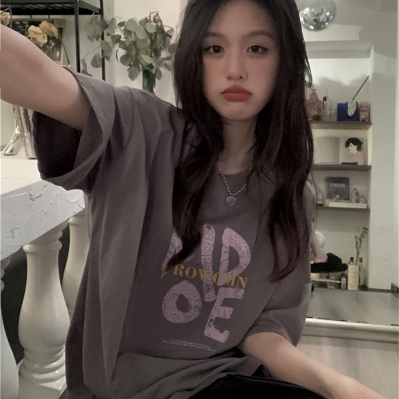 IELGY    Áo Thun Tay Ngắn In Chữ Màu Xám Dễ Phối Đồ Thời Trang Cho Nữ