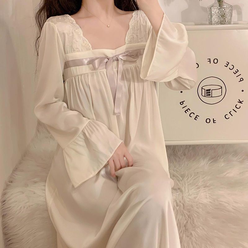 Đầm Ngủ Tay Dài Chất Lụa Phong Cách Hanfu Cổ Điển Thời Trang Xuân Thu Xinh Xắn Cho Nữ
