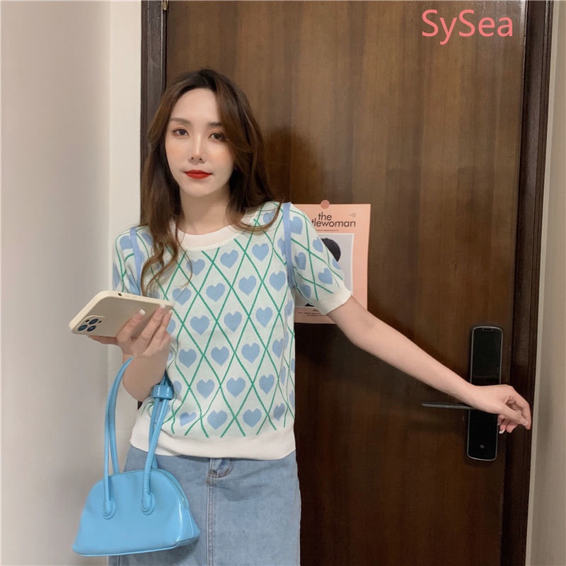 Áo Dệt Kim Cổ Tròn Họa Tiết Trái Tim Thời Trang Mùa Hè Pháp Cho Nữ