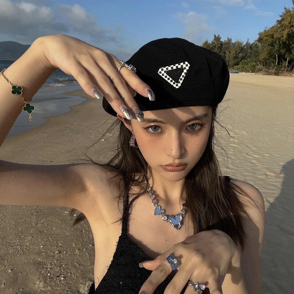 Mũ nồi beret tag tam giác kẻ caro mỏng thời trang xuân hè dành cho nữ