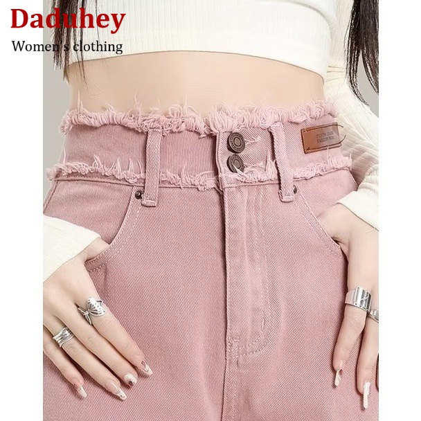 DaDuHey💕 2023 New Korean Version of INS Dirty Pink WOMEN'S Jeans High Waist Loose Wide Leg Pants Niche Trousers