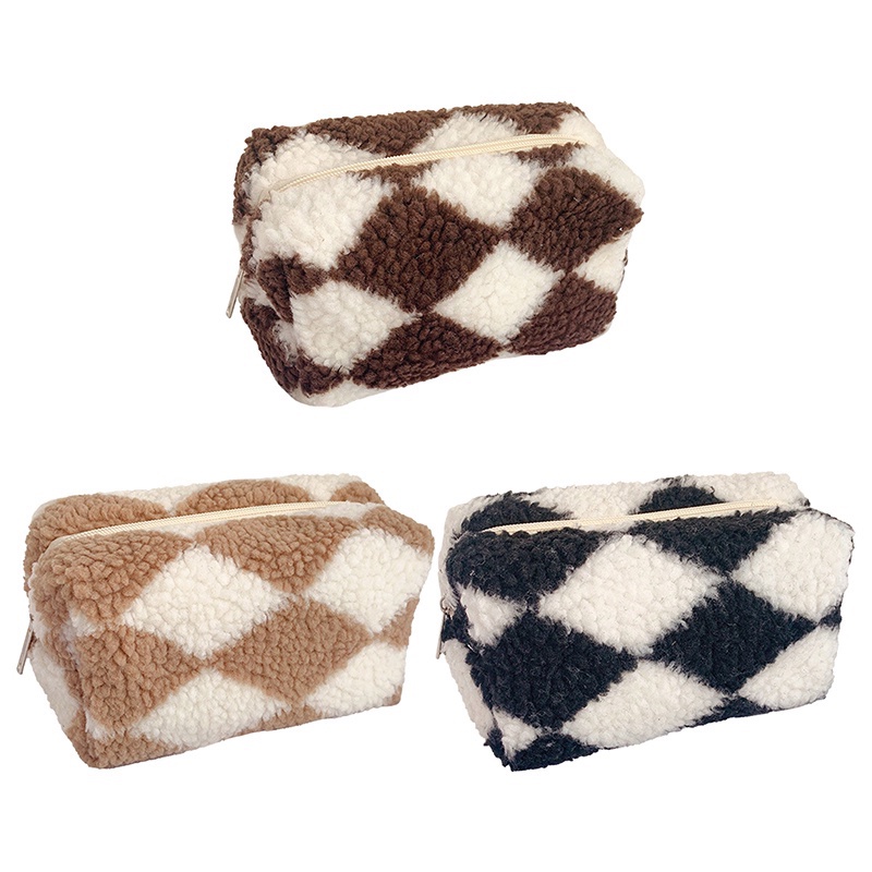 Túi Đựng Đồ Trang Điểm / Bút Chì Sức Chứa Lớn Phối Lông Họa Tiết Sọc Caro Cho Học Sinh