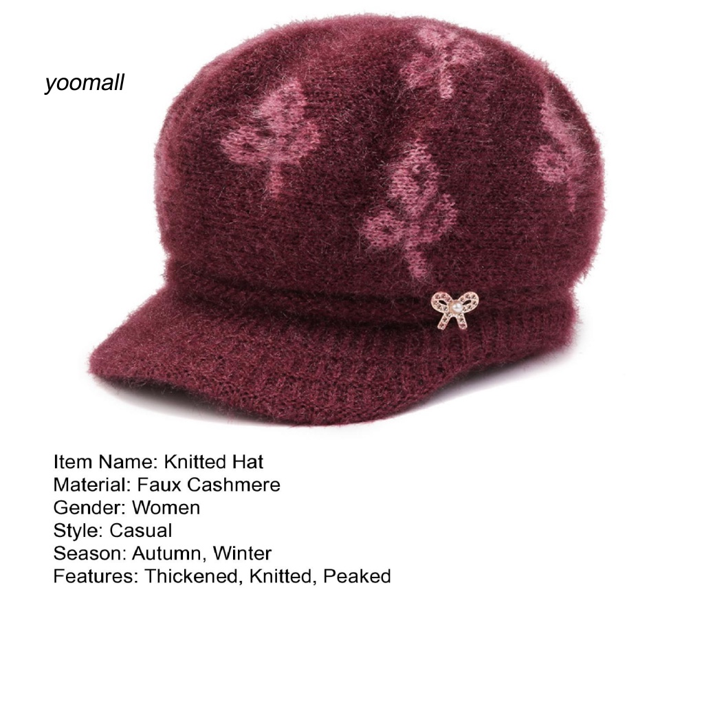 Yo / Mũ Dệt Kim Đính Nơ Ngọc Trai Giả Lót Lông Dày Dặn Co Giãn Chống Lạnh Giữ Ấm Mùa Đông Cho Phụ Nữ Trung Niên
