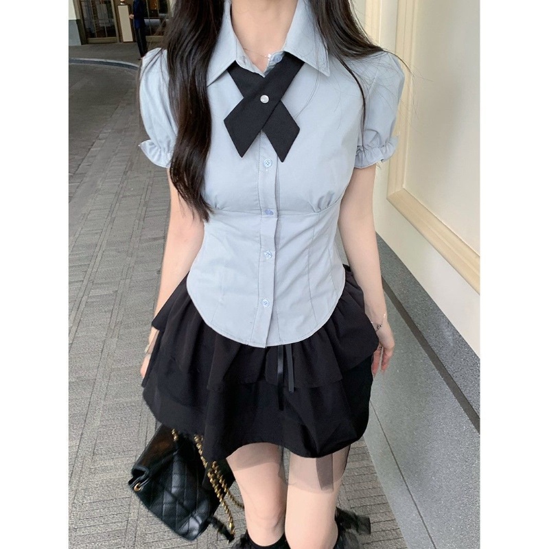 Áo sơ mi COZOK tay ngắn cổ polo thắt nơ ôm dáng thời trang