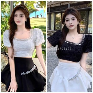 Áo kiểu viền đá vải gấm hoa nơ lưng phong cách Ulzzang