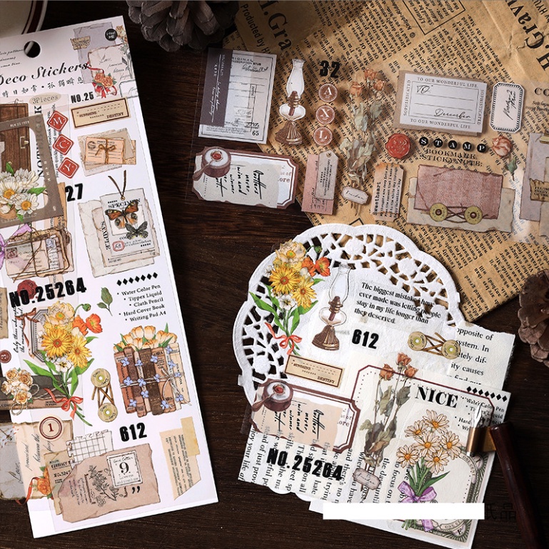 Set 3 tấm sticker PET mẫu cà phê bánh mì và các loại hoa màu sắc