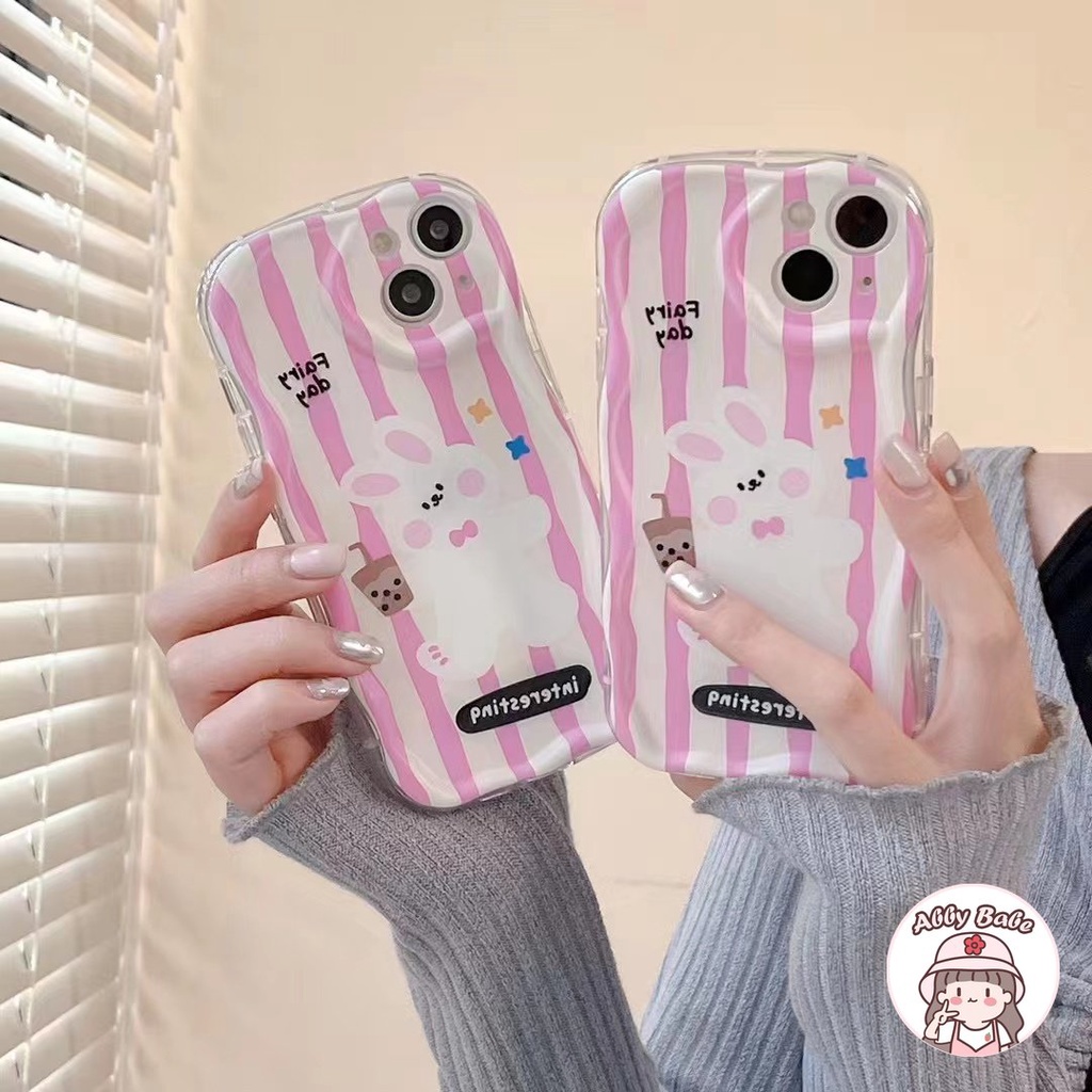 Ốp Điện Thoại TPU Mềm Chống Sốc Chống Bụi Hình Thỏ Trắng Hồng Kẻ Sọc Dọc Cho IPhone 14 Pro Max 13 12 11 Pro Max