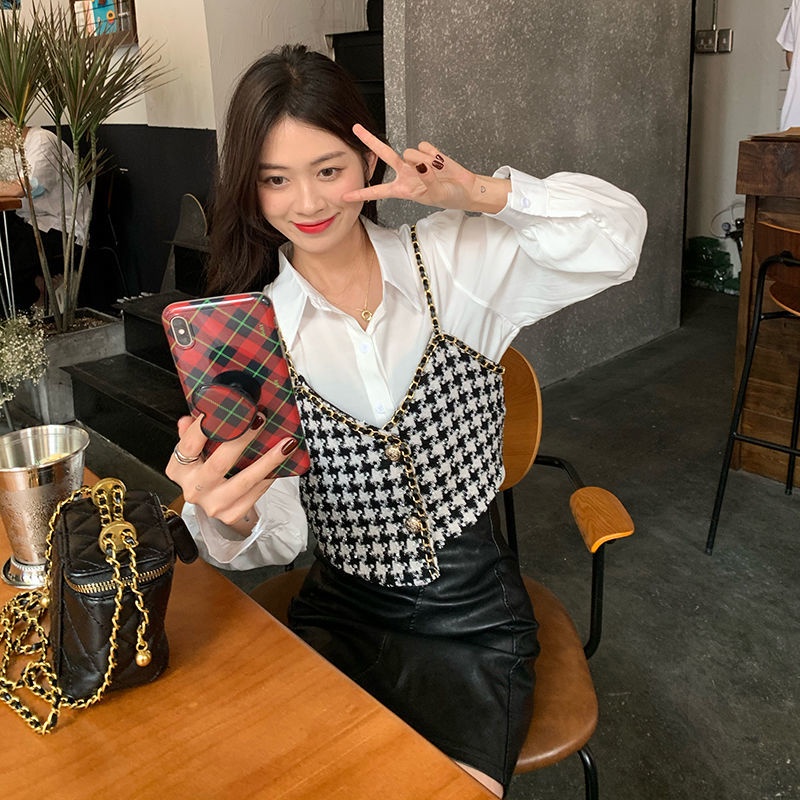 Áo tay dài+áo yếm Set Áo Hai Dây Dáng Ngắn + Áo Sơ Mi Không Tay Thiết Kế Xinh Xắn Thời Trang