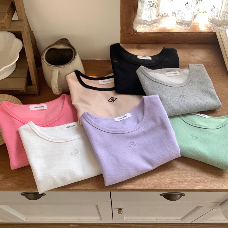 SUXI Áo Thun Tay Ngắn Màu Sắc Đơn Giản Thêu Họa Tiết Phong Cách Hàn Quốc Cho Nữ