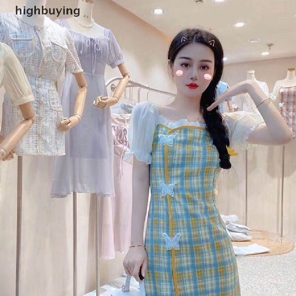 Đầm Tay Ngắn Phồng Họa Tiết Sọc Caro Thời Trang Mùa Hè Cho Nữ