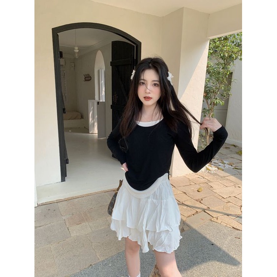 COZOK Áo Thun Tay Dài Dáng Ôm Chắp Vá Thời Trang Và Độc Đáo