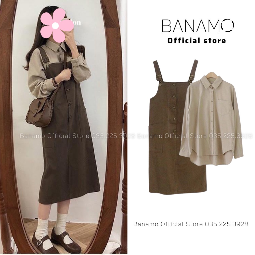 Váy yếm Banamo Fashion sét bộ áo sơ mi và đầm yếm 183