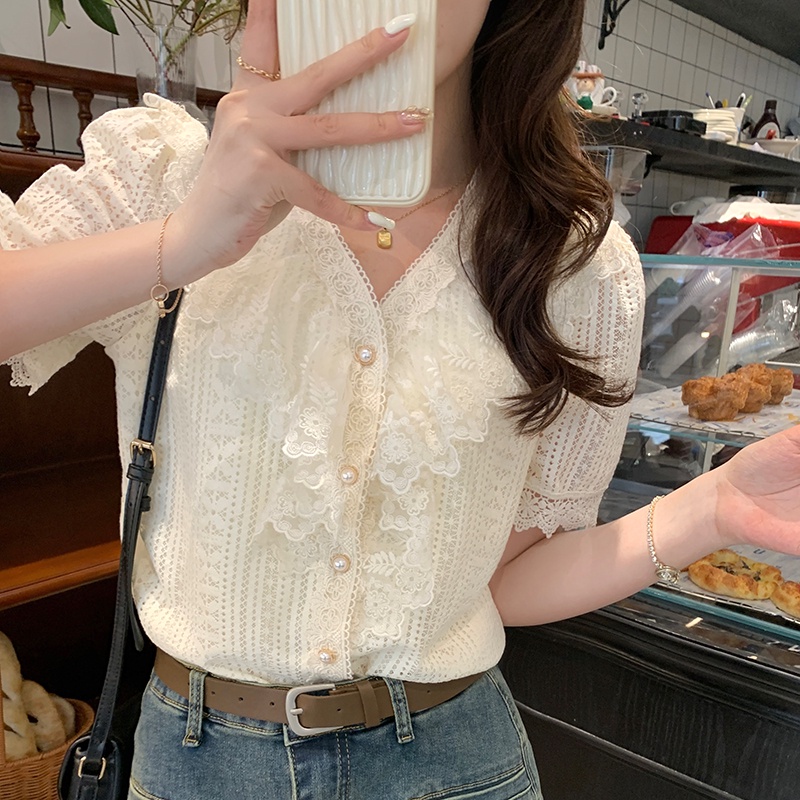 SUXI Áo Sơ Mi Nữ Tay Ngắn Cổ Chữ V Phối Ren Phong Cách Hàn Quốc Thời Trang Mùa Hè