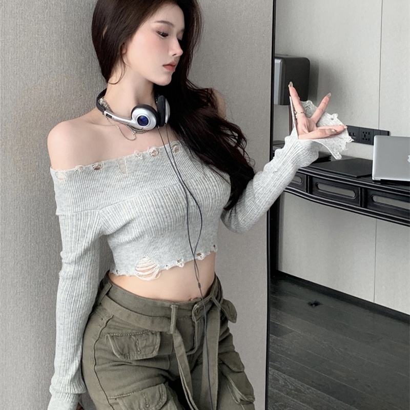 IELGY  Áo sweater Dệt Kim Tay Dài Dáng Ôm Rách Cá Tính Cho Nữ