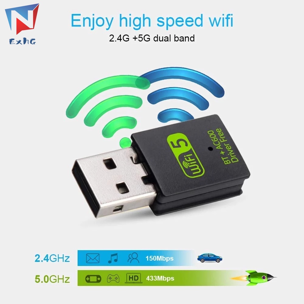 Usb Wifi + BT V5.0 Băng Tần Kép 600M Mini 2.4 / 5GHz Cho PC Laptop