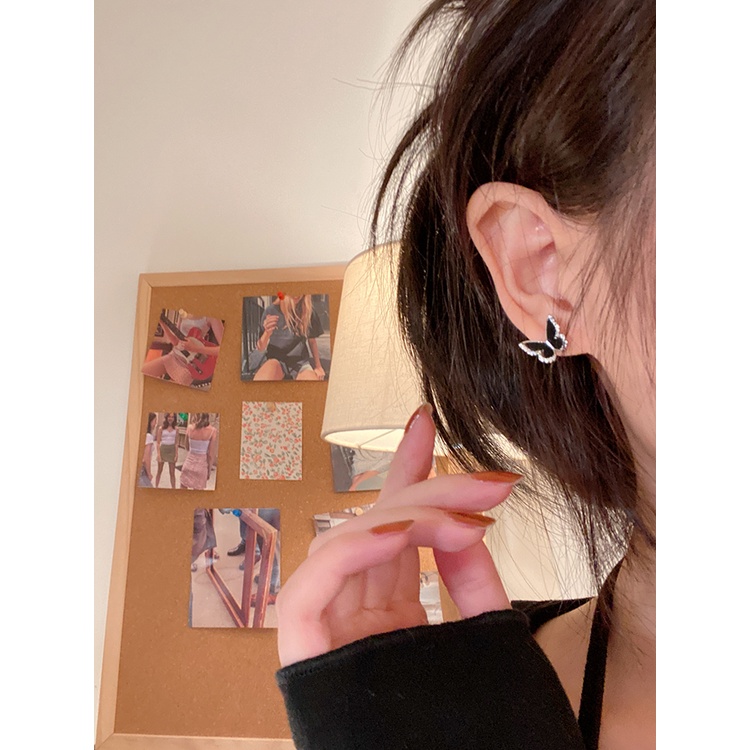 Khuyên Tai Hình Bướm Đen Đính Đá Sang Trọng Phong Cách Hàn Quốc