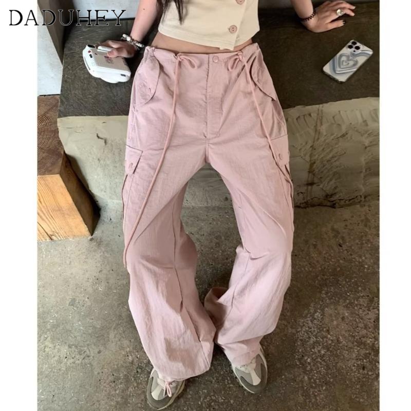 DaDuHey New American Style Pink Multi-pocket Overalls WOMEN'S Niche High-waisted Wide-leg Pants Loose Trousers