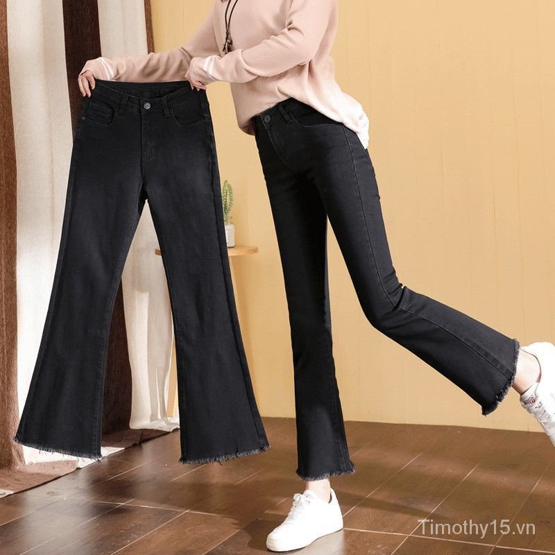 Quần Jeans Lửng Ống Loe Lưng Cao Màu Đen Phong Cách Hàn Quốc Cho Nữ