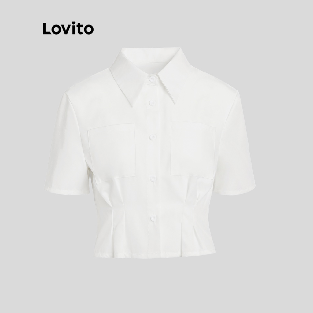 Lovito Casual Trơn️ Áo Sơ Mi Nữ Cổ Crop Xếp Ly L35ED062 