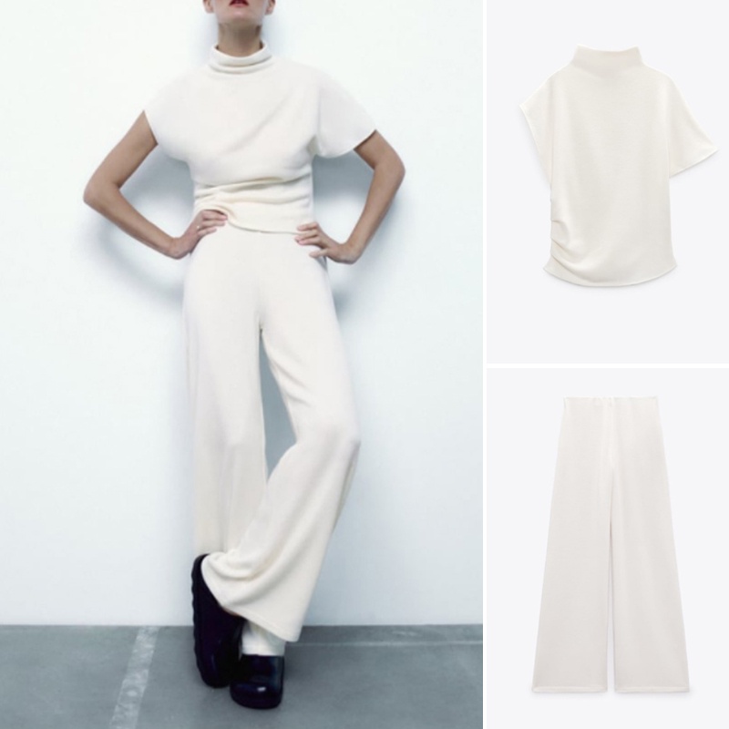 Zara Bộ Áo Ngắn Tay Cổ Đứng Xếp Ly + Quần Ống Rộng Thời Trang Mùa Xuân 20230264060 0264013