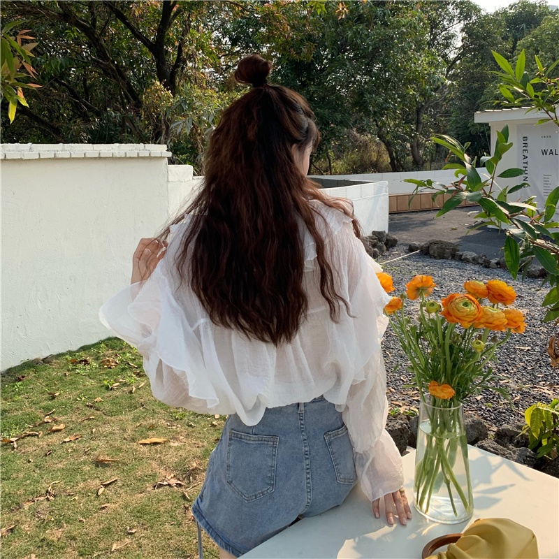 Chiffon long-sleeved shirt Women's Spring 2023 new thin irregular ruffle top