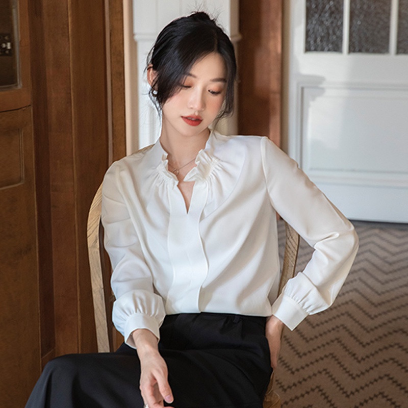 IELGY    Áo Sơ Mi Cổ Chữ v Viền Bèo Nhún Màu Trơn Phong Cách Pháp Thanh Lịch Cho Nữ