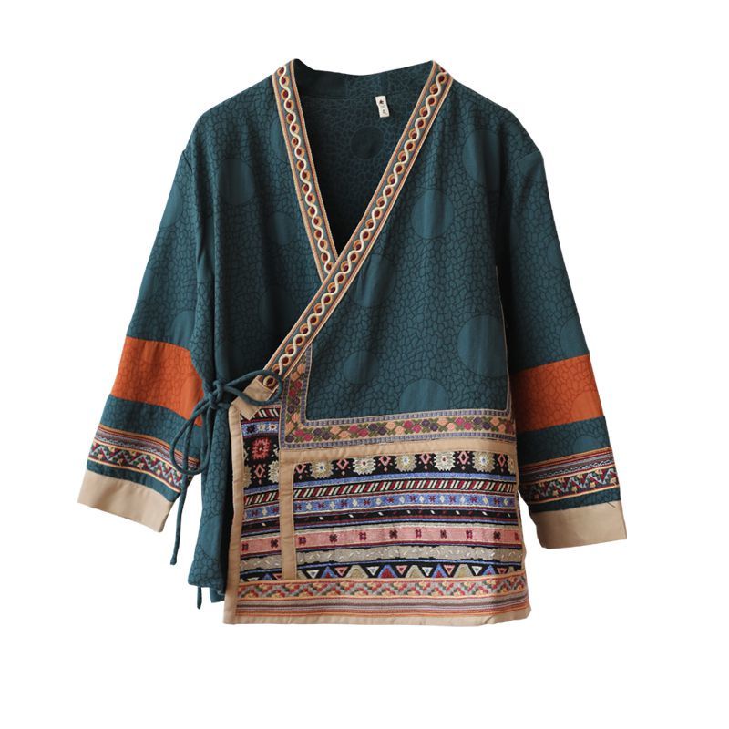 Áo Kiểu Cổ Chữ V Chất Lanh Cotton Hoạ Tiết Thêu Phong Cách Vintage