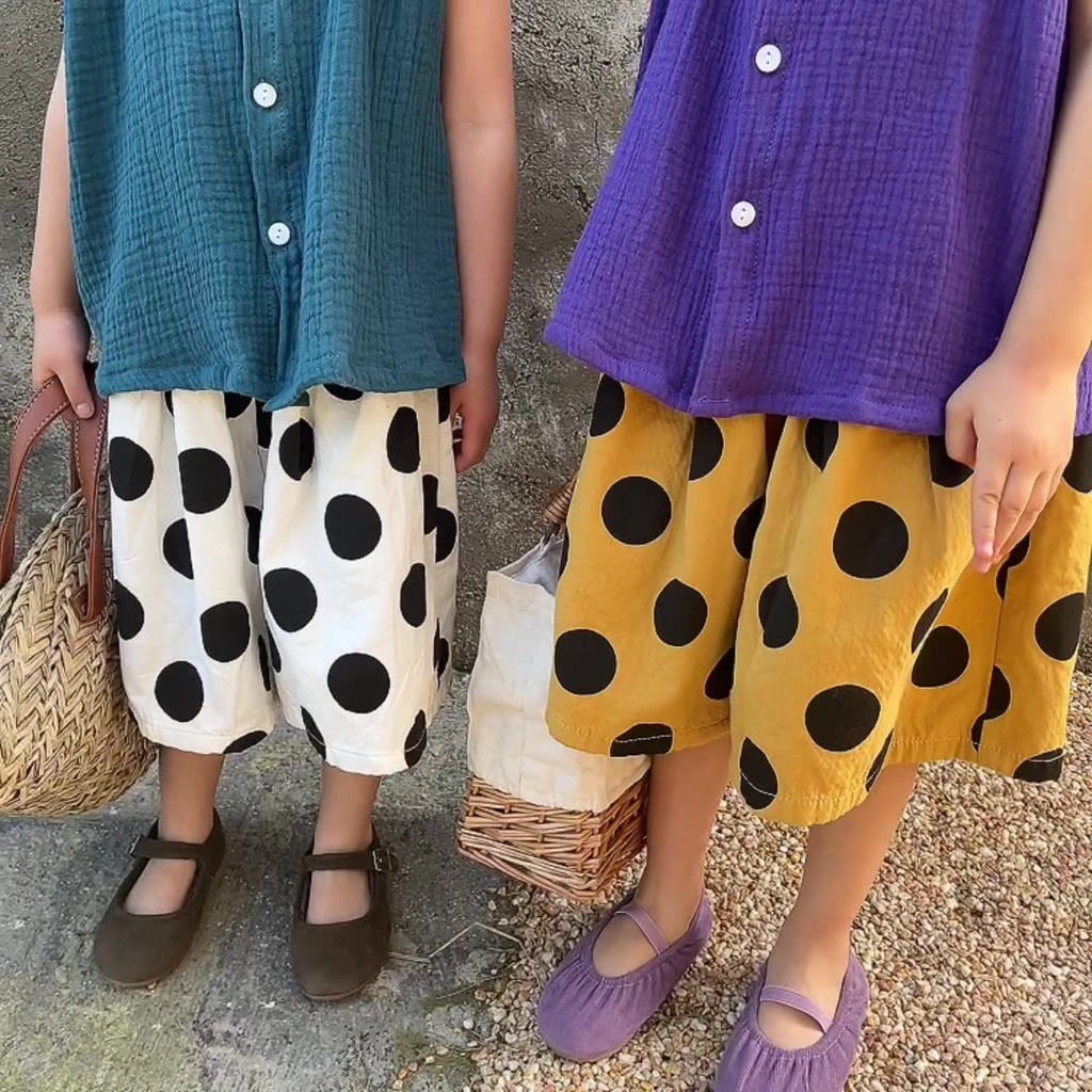 Quần Cotton Ống Rộng 7 Tấc Họa Tiết Chấm Bi Phong Cách Mới Mùa Hè 2023 Cho Bé Gái
