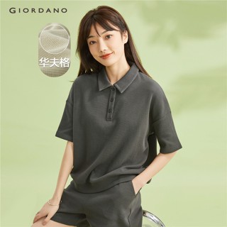 Áo polo nữ GIORDANO 05313451 dệt kim vải waffle dáng rộng tay ngắn thả vai màu trơn thời trang