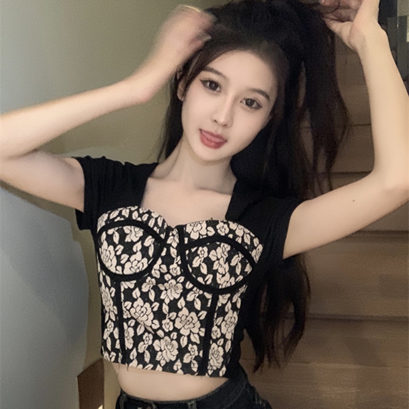 IELGY   Áo Thun Tay Ngắn In Họa Tiết Màu Sắc Tương Phản Phong Cách hong kong Thời Trang Cho Nữ