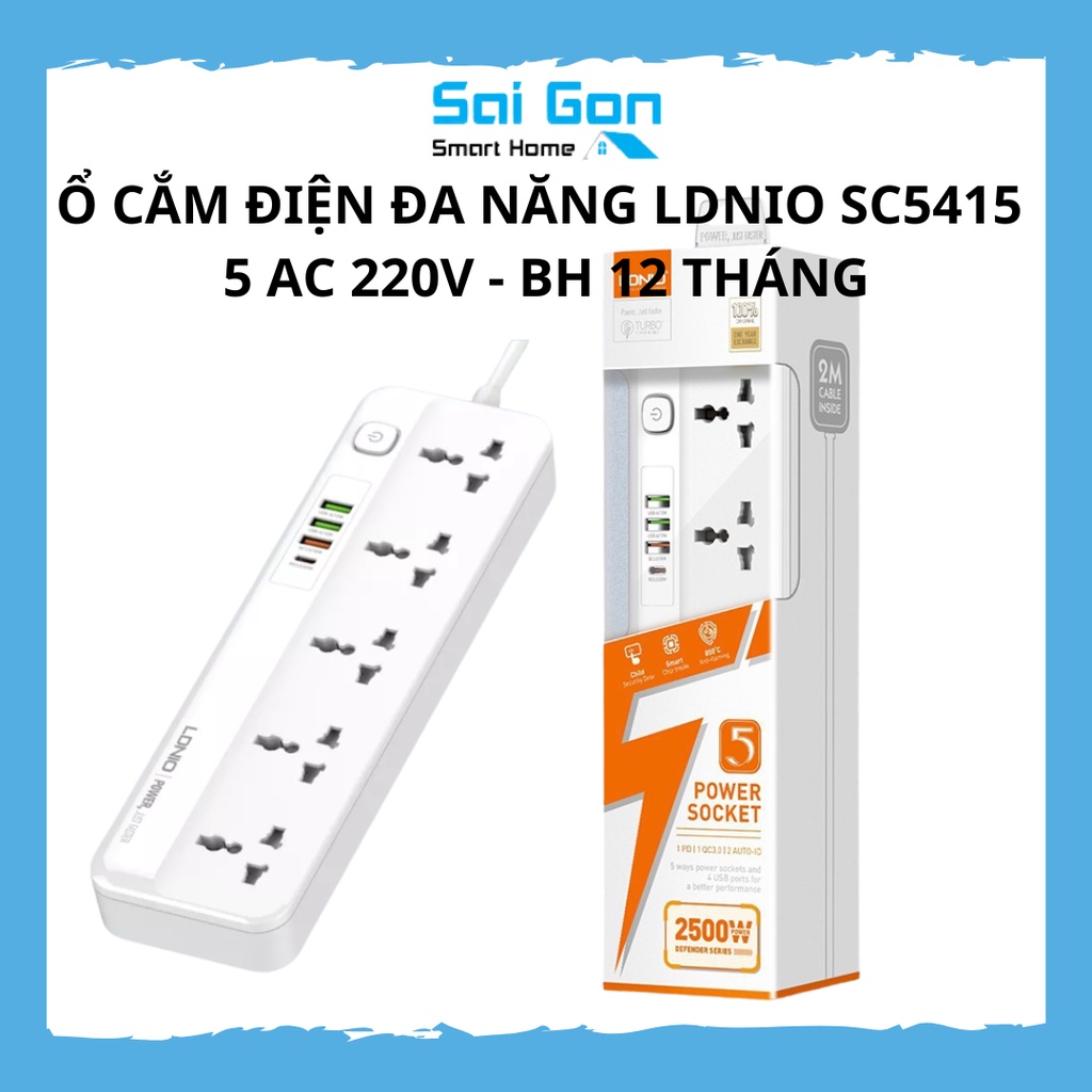 Ổ Điện Đa Năng LDNIO 10 Lỗ SC5415 Có Cổng USB và Type C, Ổ Điện Công Suất Cao 2500W