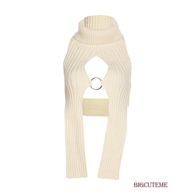 [] - Áo Vest Dệt Kim Màu Trơn Cổ Cao Không Tay Xẻ Tà Phía Trước Viền Kim Loại Cho Nữ