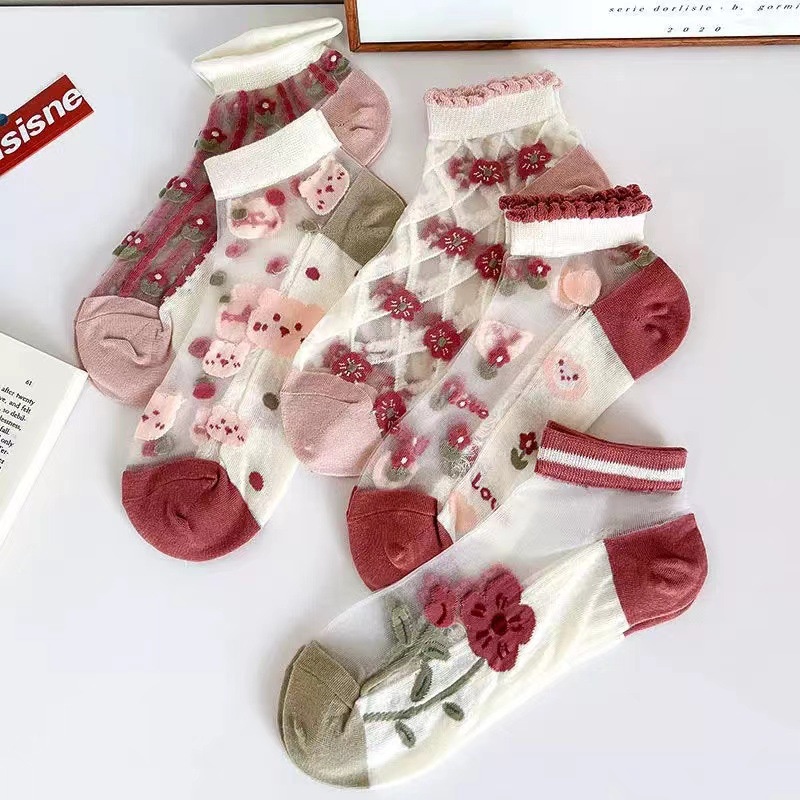 Vớ Cotton Lụa Trong Suốt In Họa Tiết Hoạt Hình Phong Cách Hàn Quốc Thời Trang Mùa Hè Cho Nữ