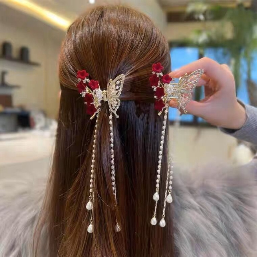 Kẹp Tóc Tua Rua Hình Hoa &amp; Bướm Bằng Hợp Kim Đính Kim Cương Giả Kiểu Hàn Quốc Cho