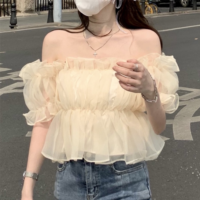 IELGY Áo chiffon Trễ Vai In Họa Tiết Hoa Phong Cách Pháp Ngọt Ngào Thời Trang Cho Nữ