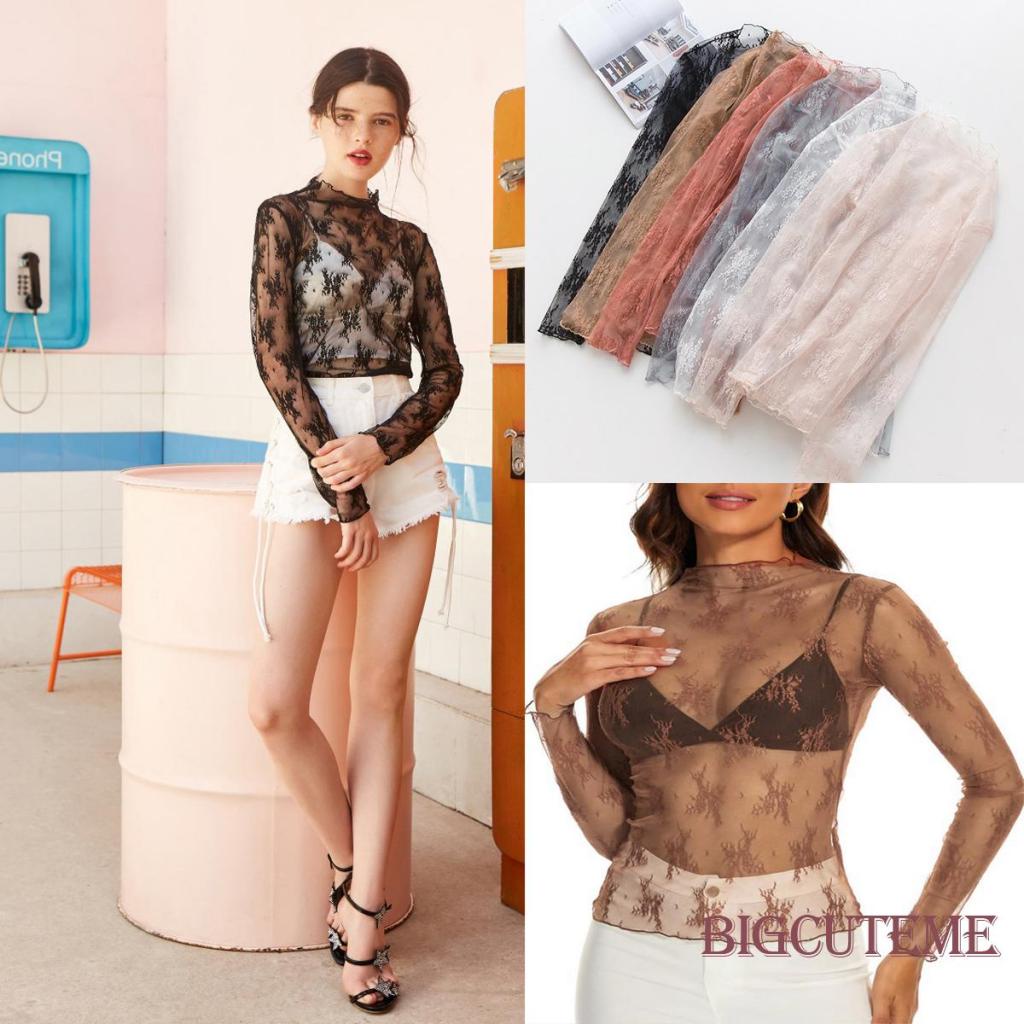 [] Áo Thun Dáng Rộng Cổ Cao Xuyên Thấu Tay Dài Phối Ren Hoa Cơ Bản Dành Cho Bạn Nữ