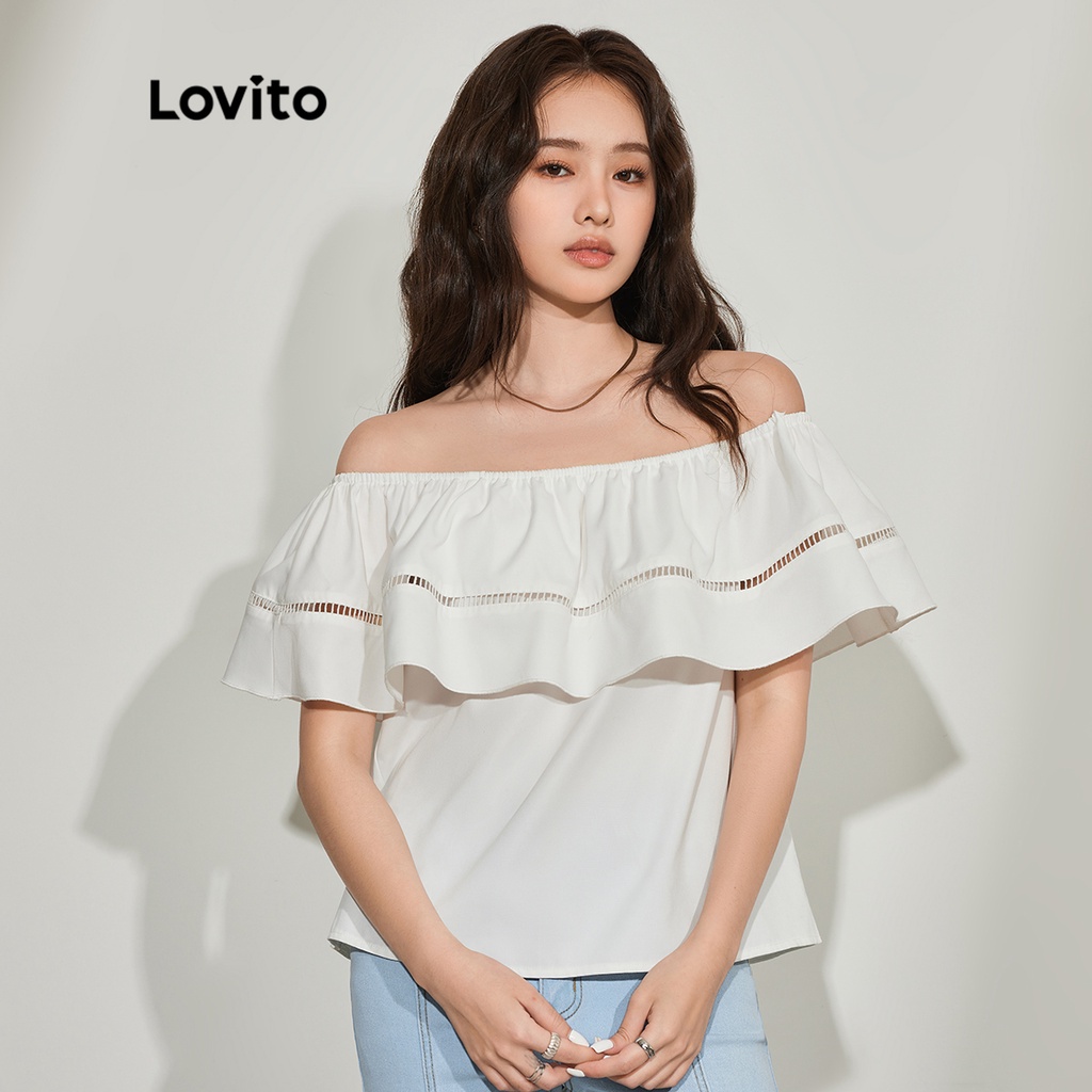 Áo kiểu LOVITO ghép nối phối ren tương phản xếp nếp màu trơn thường ngày cho nữ L45AD013 (màu trắng)