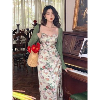 New Hong Kong style retro elegant dress set floral large swing waist-closed long skirt short sunscreen coat for women HHWX