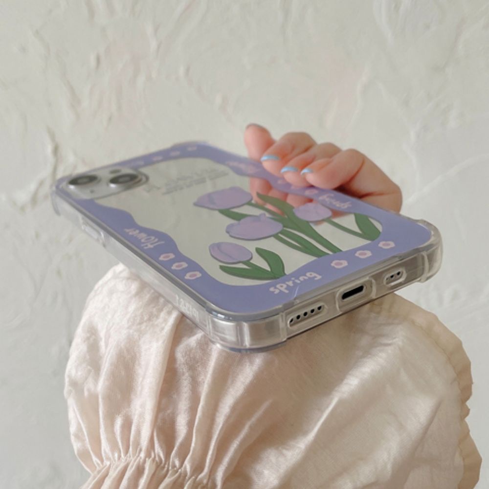 Ốp Điện Thoại TPU Dẻo Gắn Gương Hình Hoa Tulip Tím Thời Trang Cho IPhone 14 13 12 11 Pro Max XS XR 8 7 Plus