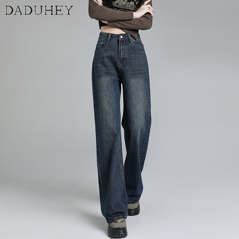 DaDuHey New Korean Version of Ulzzang Retro Washed Jeans WOMEN'S High Waist Wide Leg Pants Large Size Trousers