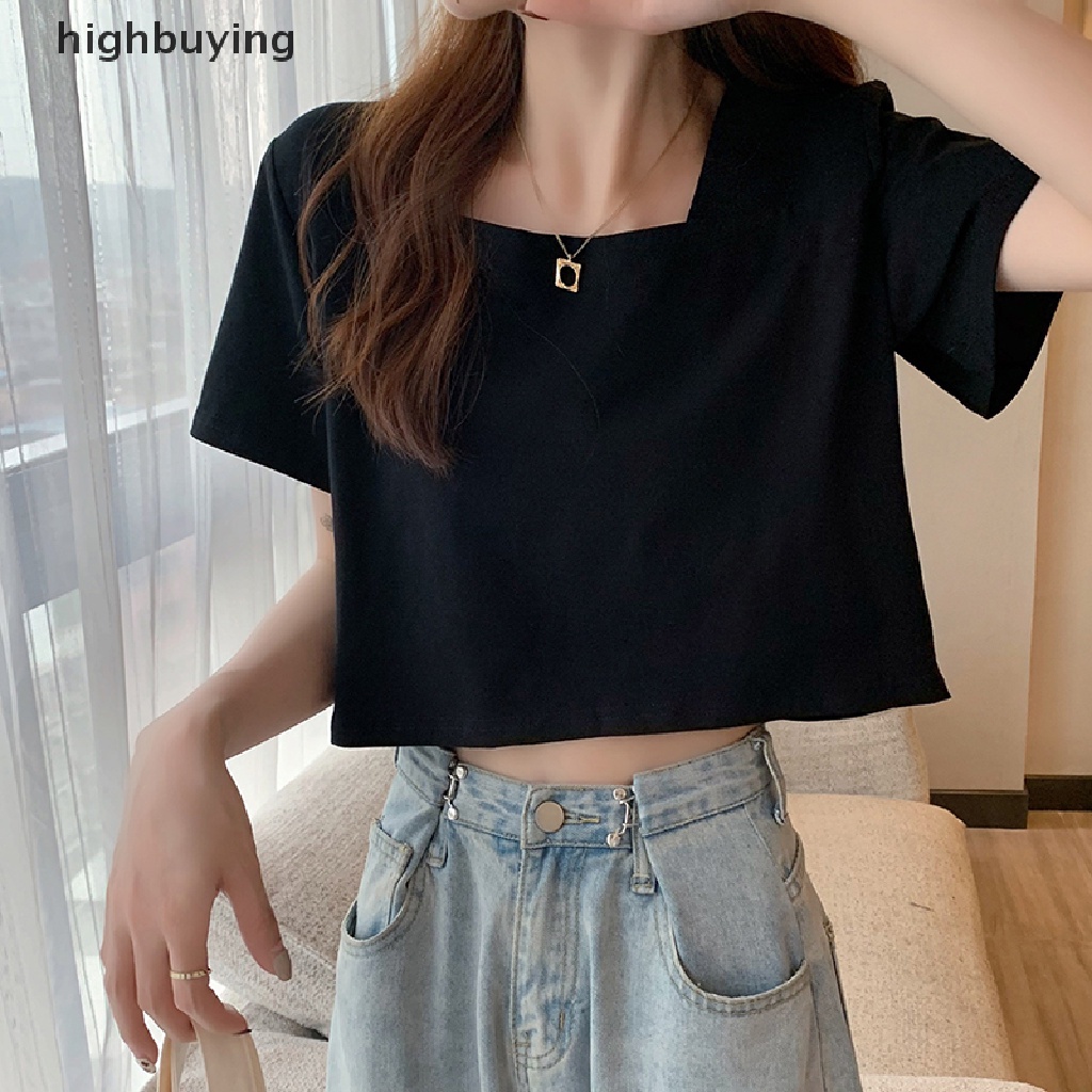 Áo Thun Lửng Cổ Vuông Tay Ngắn Màu Sắc Đơn Giản Cho Nữ