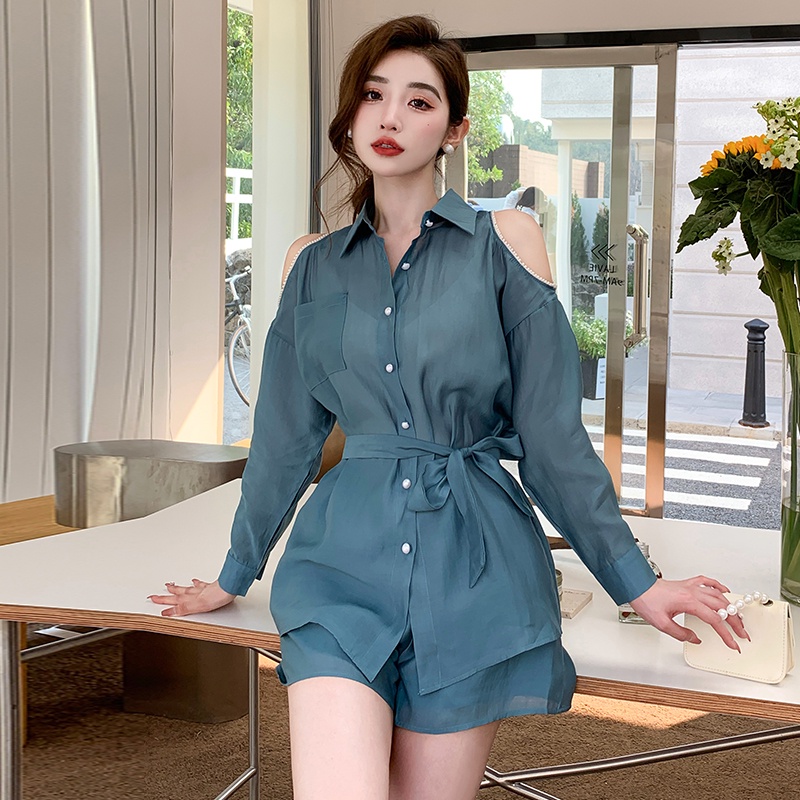 Set Áo Trễ Vai + Quần Short Ống Rộng Phong Cách Phương Tây Thời Trang Mùa Hè 2023