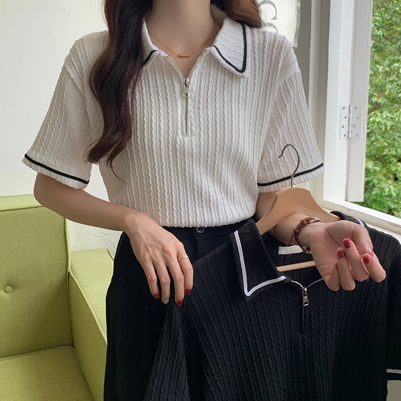 Áo thun jacquard ngắn tay kéo kéo thời trang phụ nữ