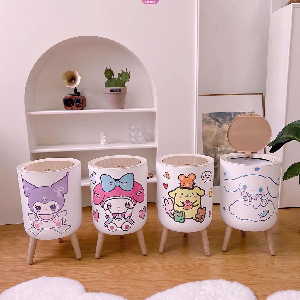 SANRIO Thùng Rác Nắp Lật Hình Tròn In Hình Cinnamoroll Kuromi My Melody Dễ Thương
