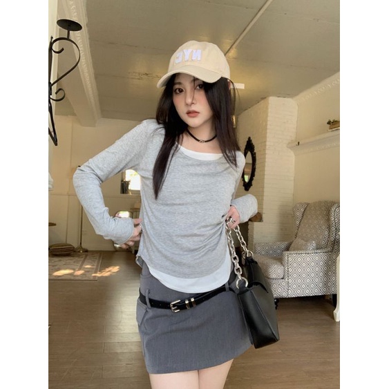 COZOK Áo Thun Tay Dài Dáng Ôm Chắp Vá Thời Trang Và Độc Đáo