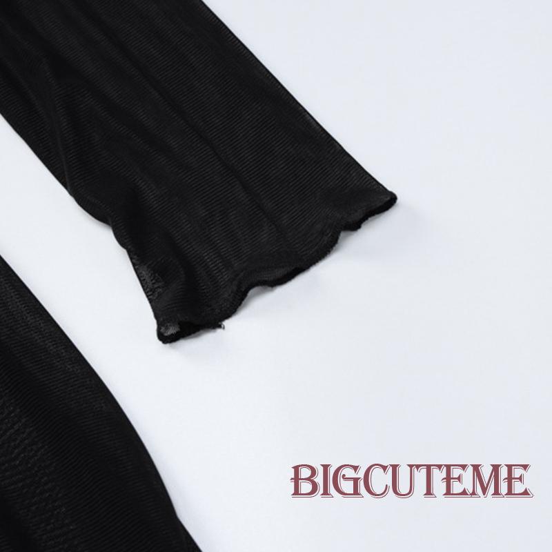 Đầm Dài Đen Phối Lưới Xuyên Thấu Cột Dây Tay Dài Hở Lưng Cho Nữ