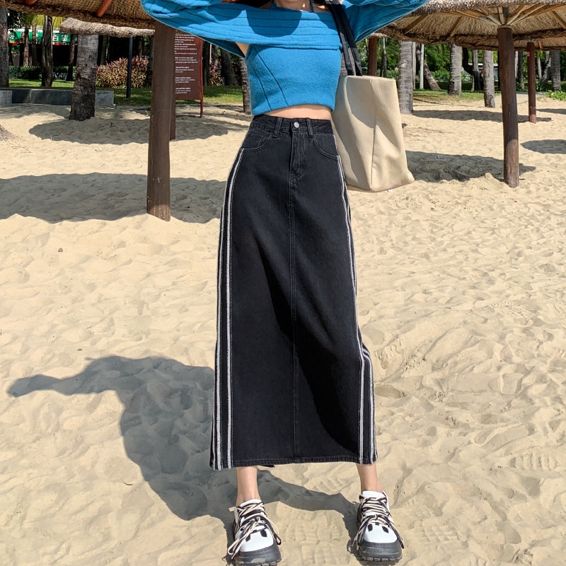 High waist denim skirt for women 2023 retro A- line mid-length slimming contrast color split hip skirt DKRR